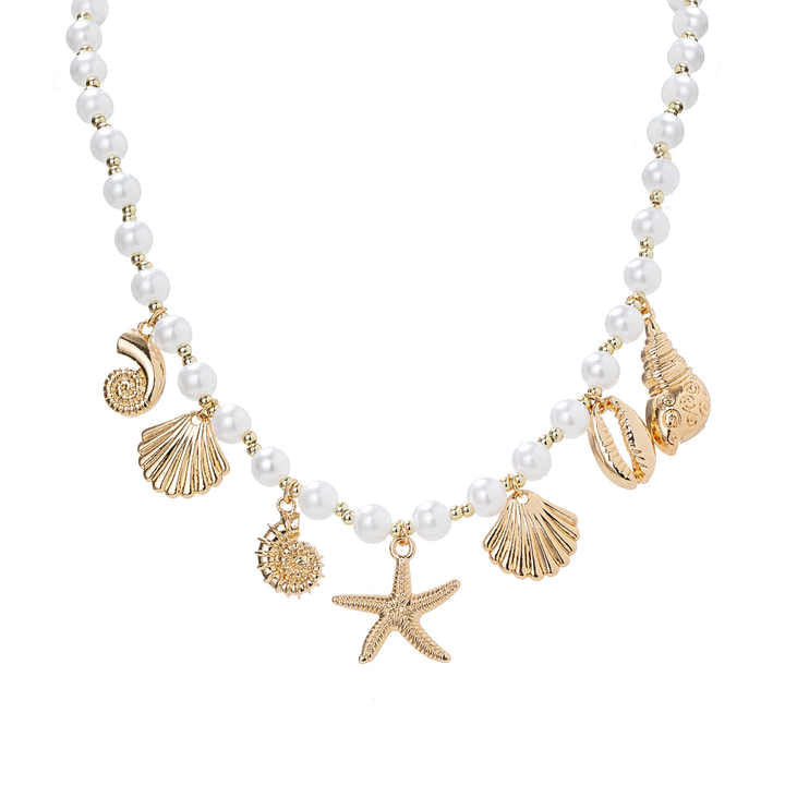 Collar de Perlas con Estrella de Mar y Conchas Doradas